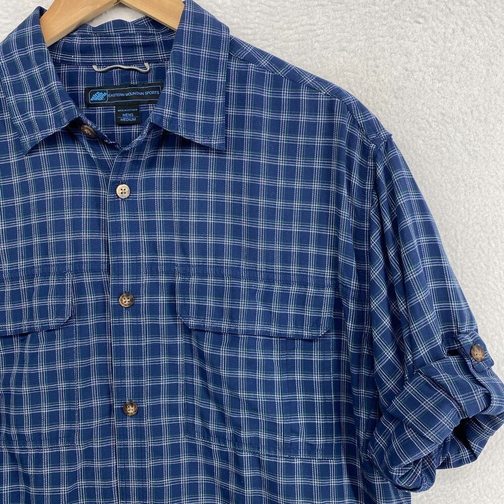 EMS Shirt Mens M Performance Check Button Up Roll Tab Sleeve Nylon Blue